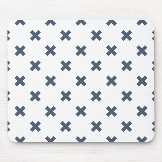 Blue-grey cross stitches on white mouse mat (Front)