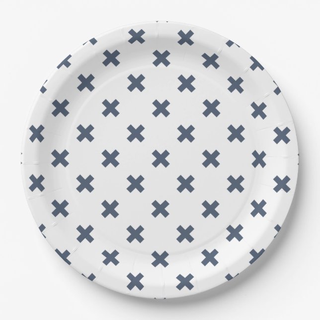 Blue-grey cross stitches on white paper plate (Front)