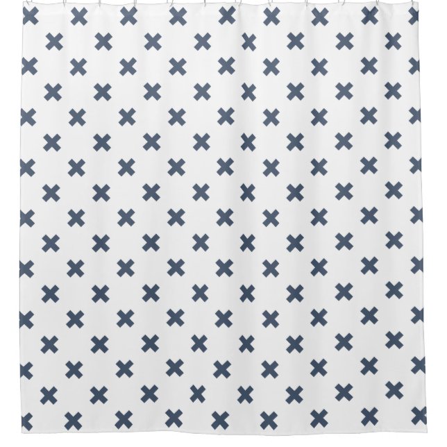 Blue-grey cross stitches on white shower curtain (Front)