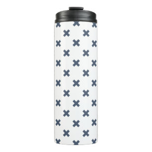 Blue-grey cross stitches on white thermal tumbler