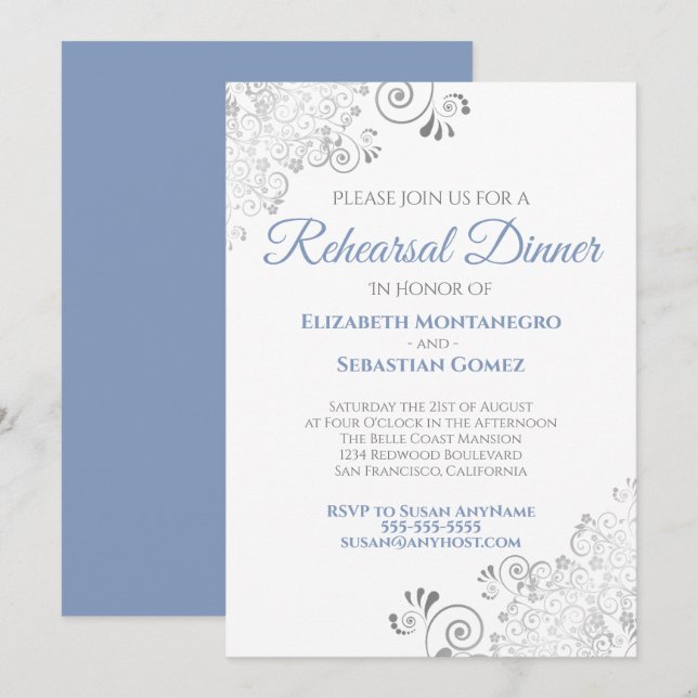 Blue & Grey Curls Wedding Rehearsal Dinner Invitation (Front/Back)