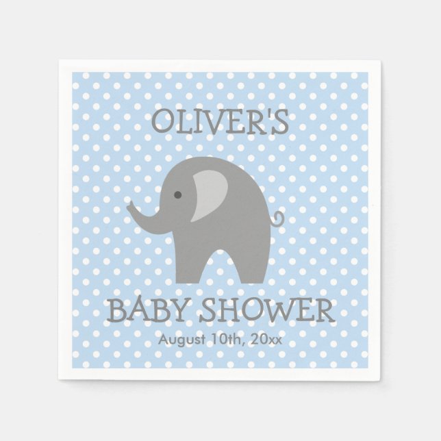 Blue & grey cute elephant boys baby shower napkins (Front)