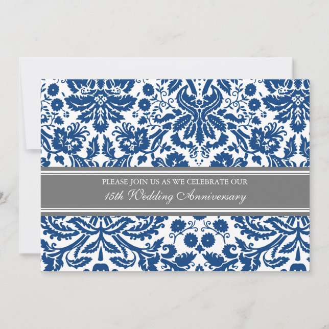 Blue Grey Damask 15th Anniversary Invitation (Front)