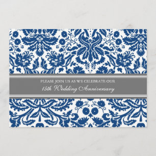 Blue Grey Damask 15th Anniversary Invitation