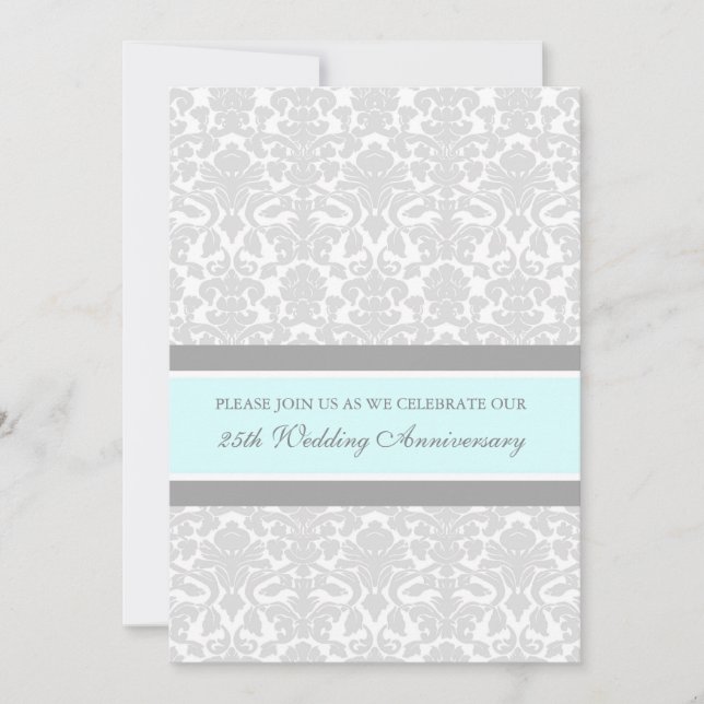 Blue Grey Damask 25th Anniversary Party Invitation (Front)