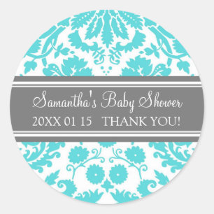 Blue Grey Damask Baby Shower Favour Stickers