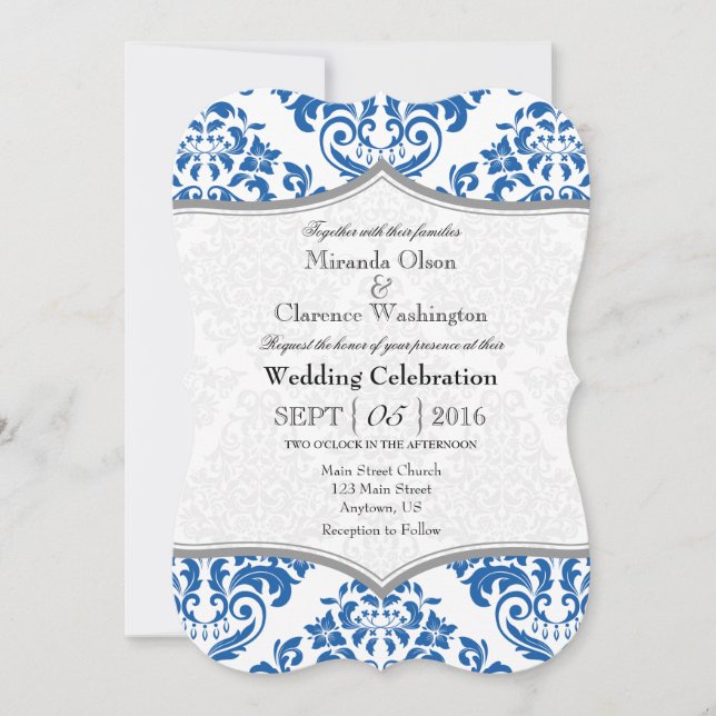 Blue Grey Damask Bracket Wedding Invite (Front)