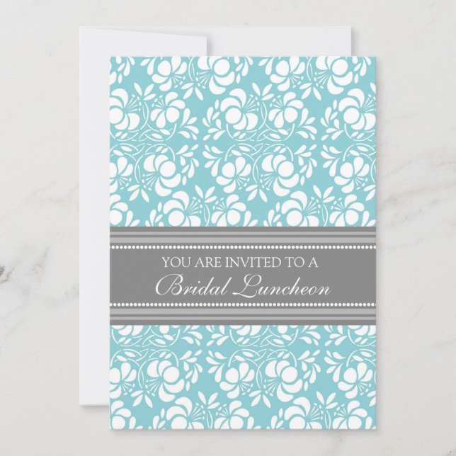 Blue Grey Damask Bridal Lunch Invitation Cards (Front)