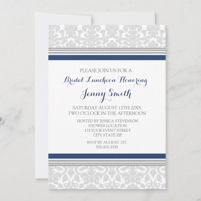 Blue Grey Damask Bridal Lunch Invitation Cards (Back)