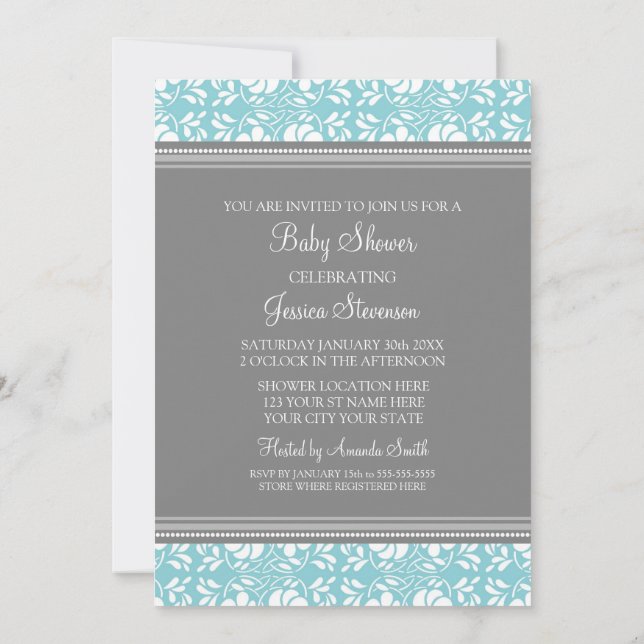 Blue Grey Damask Custom Baby Shower Invitations (Back)