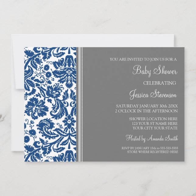 Blue Grey Damask Custom Baby Shower Invitations (Back)