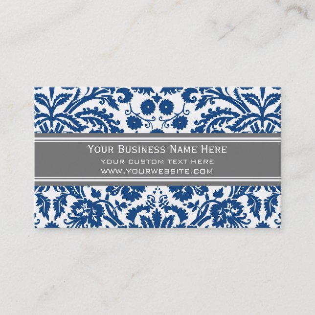 Blue Grey Damask Floral Business Cards (Front)