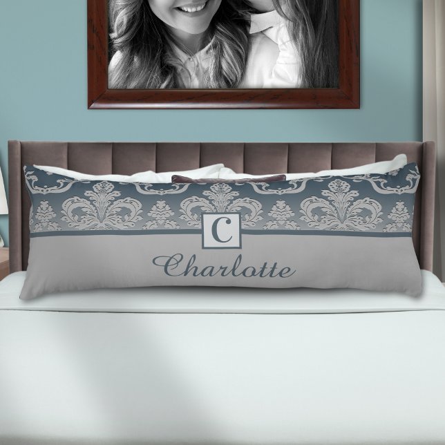  Blue Grey Damask Monogram Personalised Name  Body Cushion (Creator Uploaded)