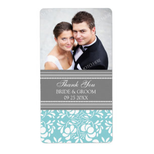 Blue Grey Damask Photo Wedding Labels