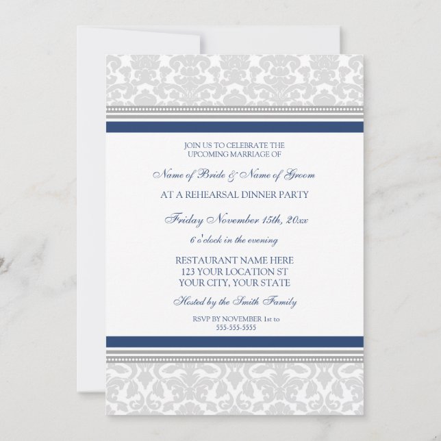 Blue Grey Damask Rehearsal Dinner Party Invitation (Back)