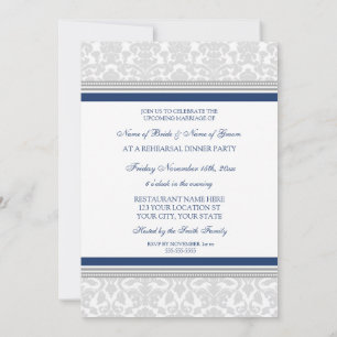 Blue Grey Damask Rehearsal Dinner Party Invitation