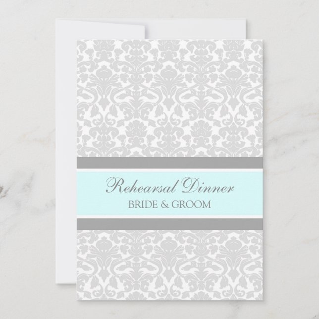 Blue Grey Damask Rehearsal Dinner Party Invitation (Front)