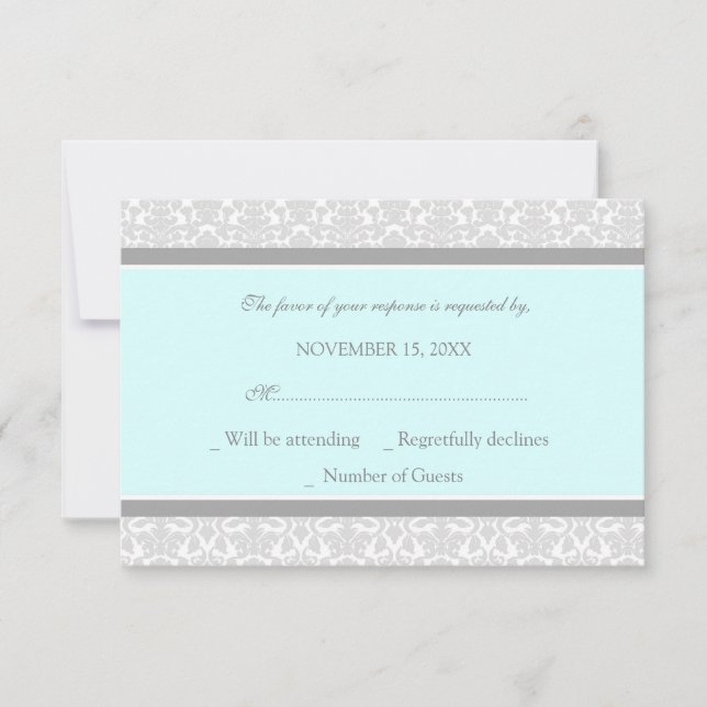 Blue Grey Damask RSVP Wedding Card (Front)