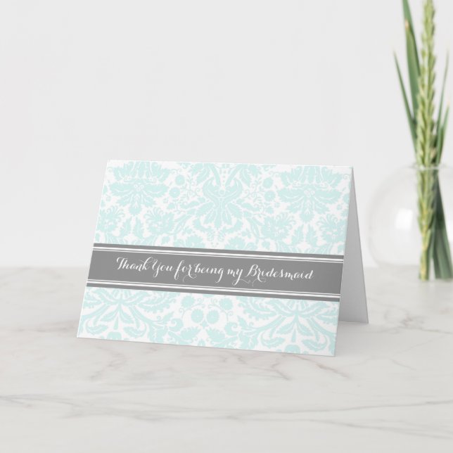 Blue Grey Damask Thank You Bridesmaid Card (Front)