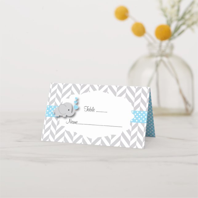 Blue & Grey Elephant Baby Shower | Doubled-Sided Place Card (Front)