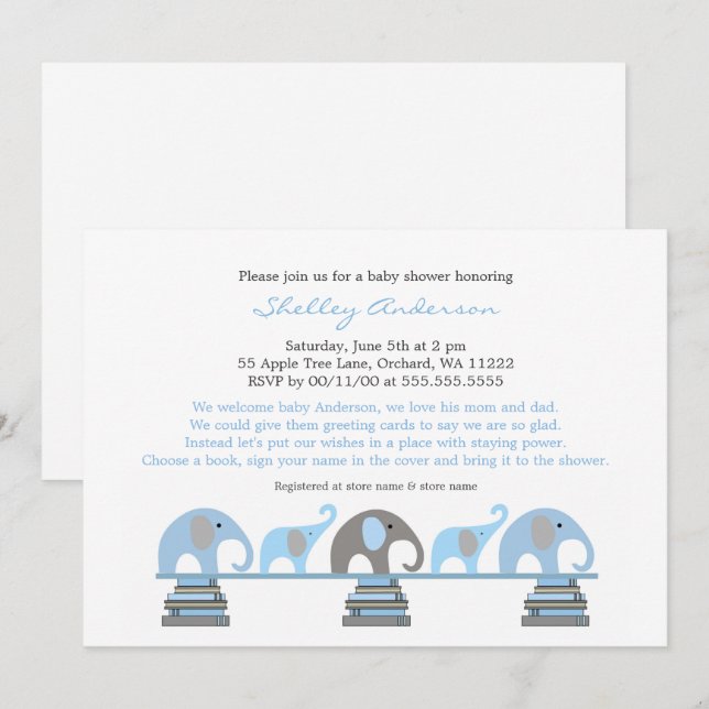 Blue Grey Elephant Baby Shower Invitations (Front/Back)