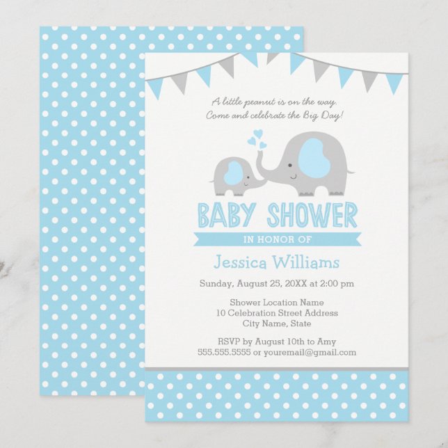 Blue Grey Elephant Baby Shower Invitations for Boy (Front/Back)