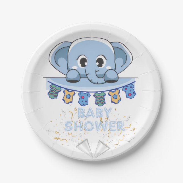 Blue grey elephant baby shower paper plate (Front)