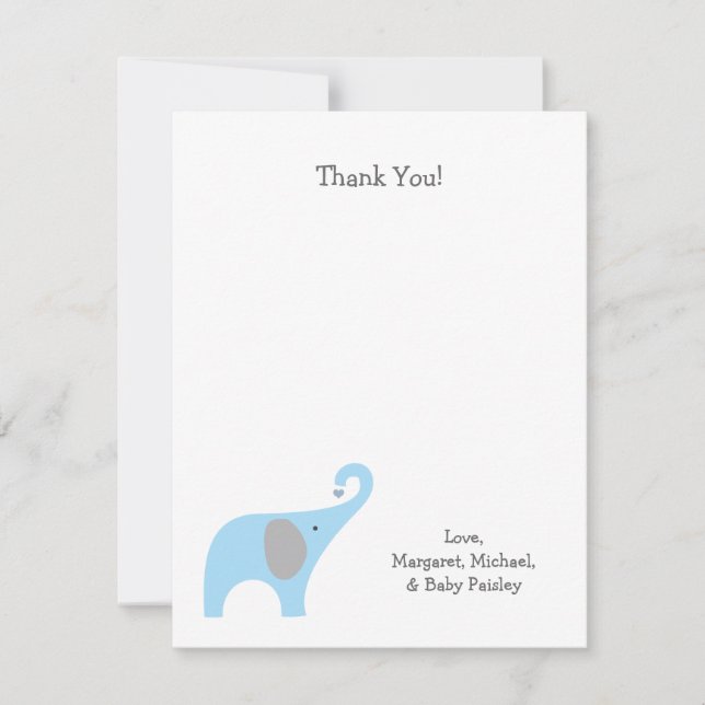 Blue Grey Elephant Baby Shower Thank You Notes (Front)
