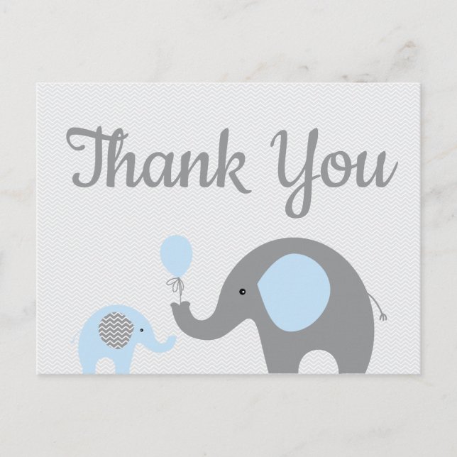 Blue Grey Elephant Baby Shower Thank You Postcard (Front)