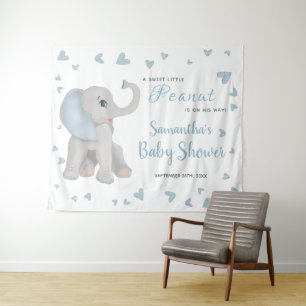 Blue Grey Elephant Boy Baby Shower Backdrop Sign Tapestry