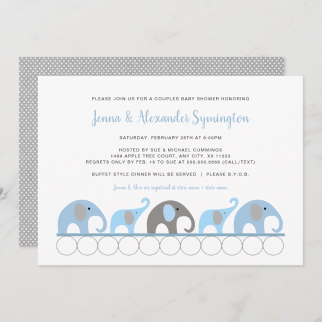 Blue Grey Elephant boy baby shower Invitation (Front/Back)