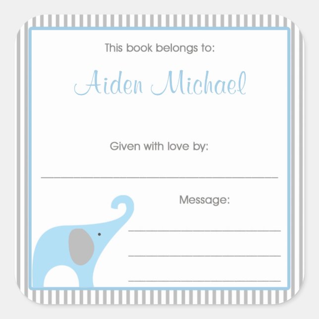 Blue & Grey Elephant Pinstripe Book Plate Square Sticker (Front)