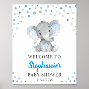 Blue Grey Elephant Polka Dot Baby Shower Welcome Poster