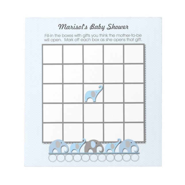 Blue Grey Elephants Baby Shower Bingo Game pad (Front)