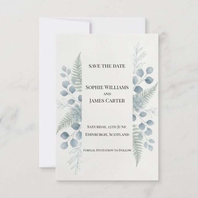 Blue Grey Eucalyptus Detail Save The Date Card (Front)