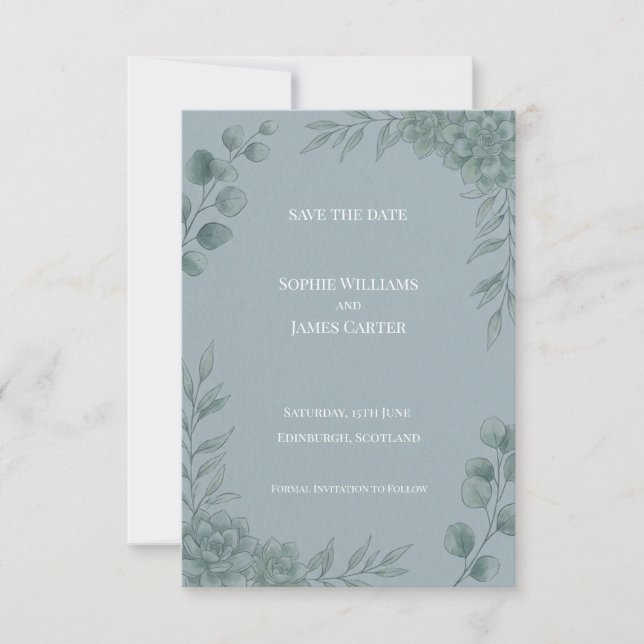 Blue Grey Eucalyptus Save The Date Card (Front)