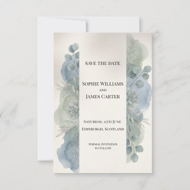 Blue Grey Eucalyptus Save The Date Card (Front)