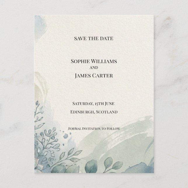 Blue Grey Eucalyptus Save The Date Postcard (Front)