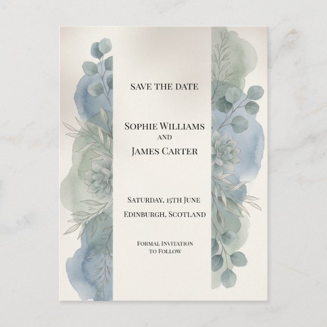Blue Grey Eucalyptus Save The Date Postcard (Front)
