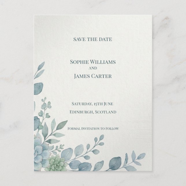 Blue Grey Eucalyptus Save The Date Postcard (Front)