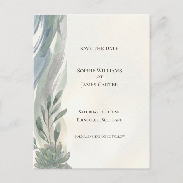 Blue Grey Eucalyptus Save The Date Postcard (Front)