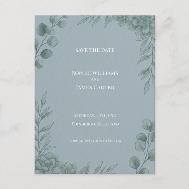 Blue Grey Eucalyptus Save The Date Postcard (Front)