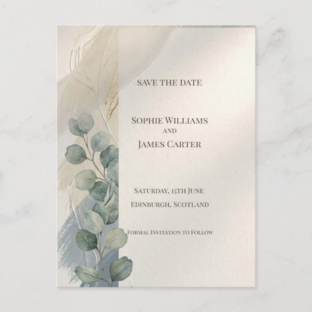 Blue Grey Eucalyptus Save The Date Postcard (Front)