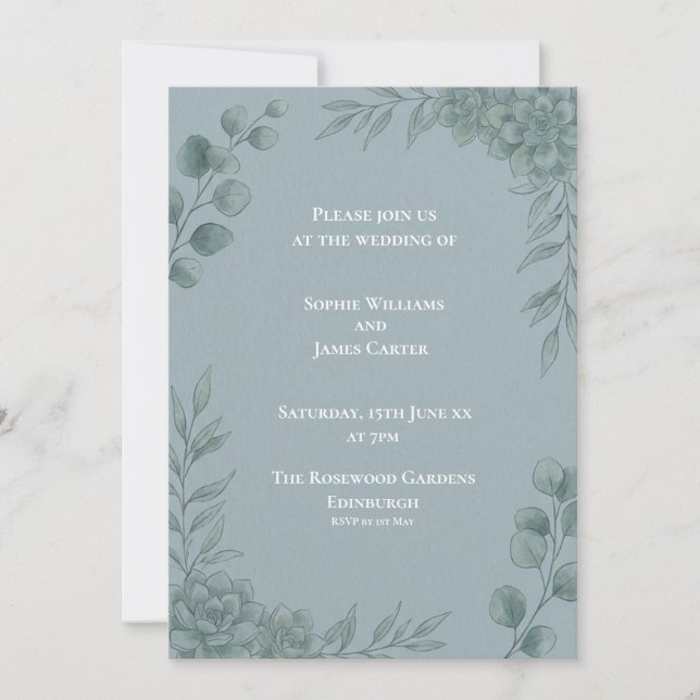 Blue Grey Eucalyptus Wedding Invitation (Front)