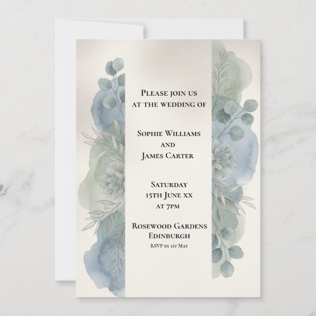 Blue Grey Eucalyptus Wedding Invitation (Front)