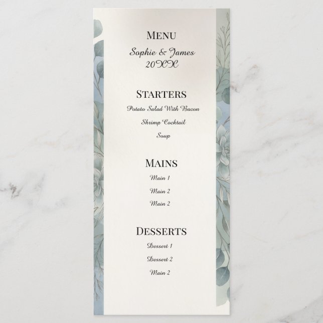 Blue Grey Eucalyptus Wedding Menu (Front)