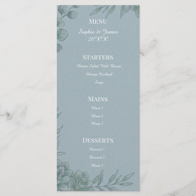 Blue Grey Eucalyptus Wedding Menu (Front)