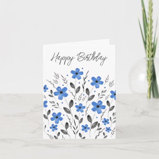 Blue Grey Five Petal Watercolor Floral Motif Card (Front)