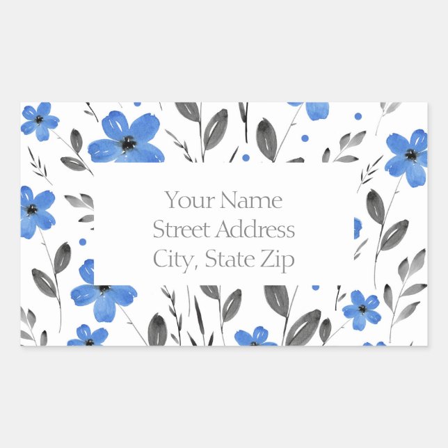  Blue, Grey Five Petal Watercolor Flower Motif Rectangular Sticker (Front)