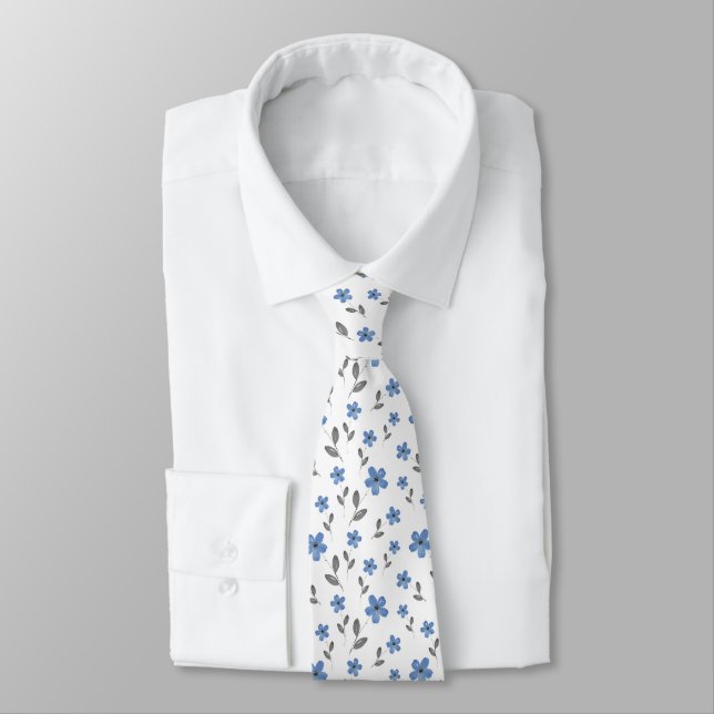 Blue Grey Five Petal Watercolor Flower Pattern Tie (Tied)